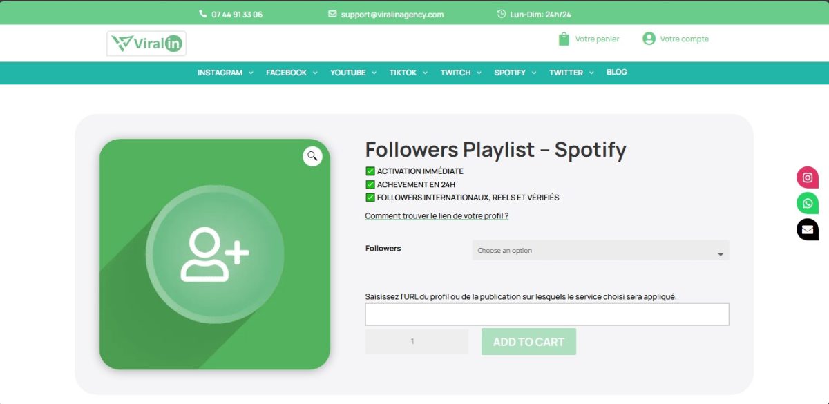 Interface de Viralin Agency pour l'achat de followers de playlist Spotify