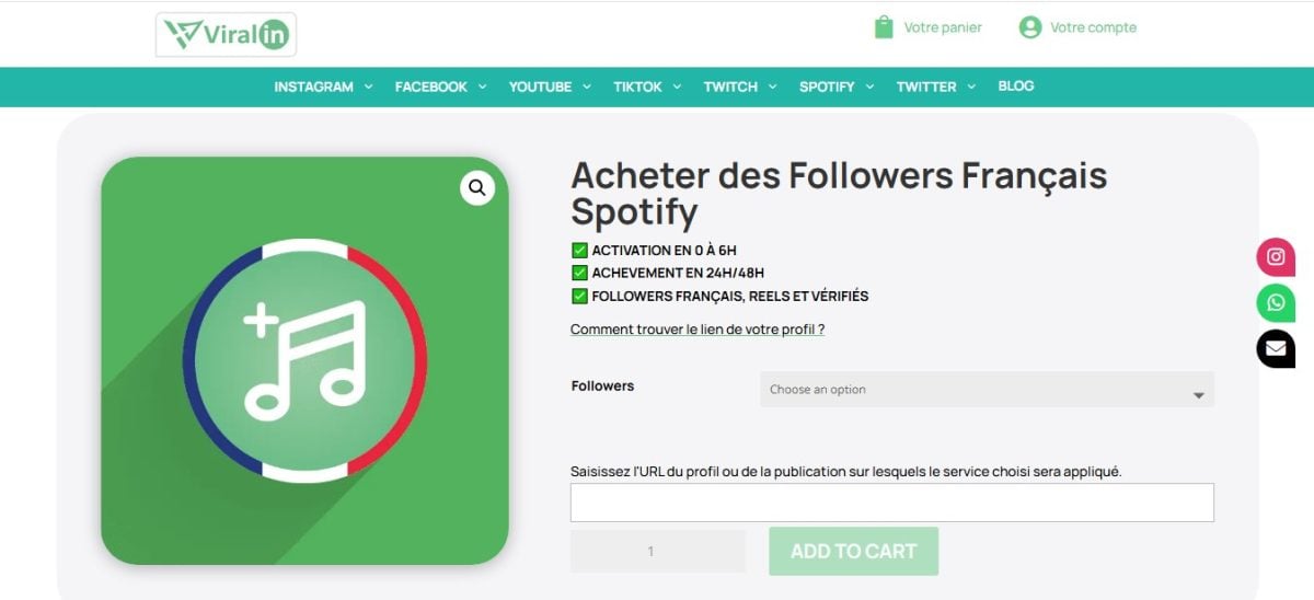 Interface de Viralin Agency pour l'achat de followers français Spotify