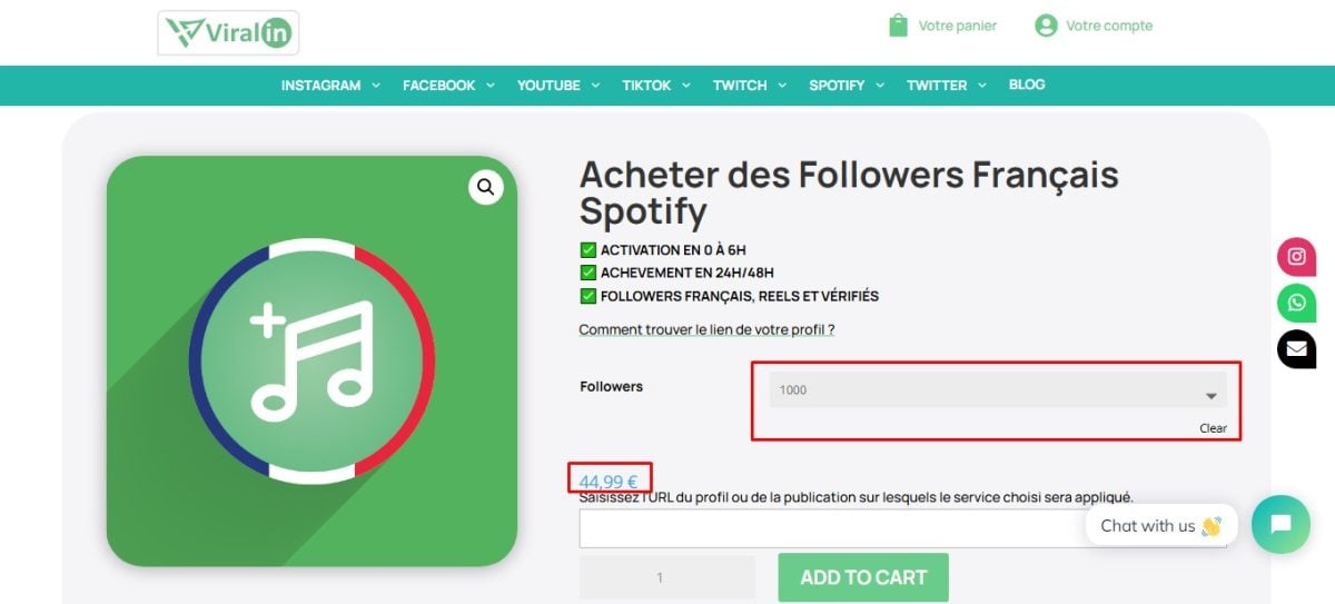 Prix correspondant au nombre de followers français choisi