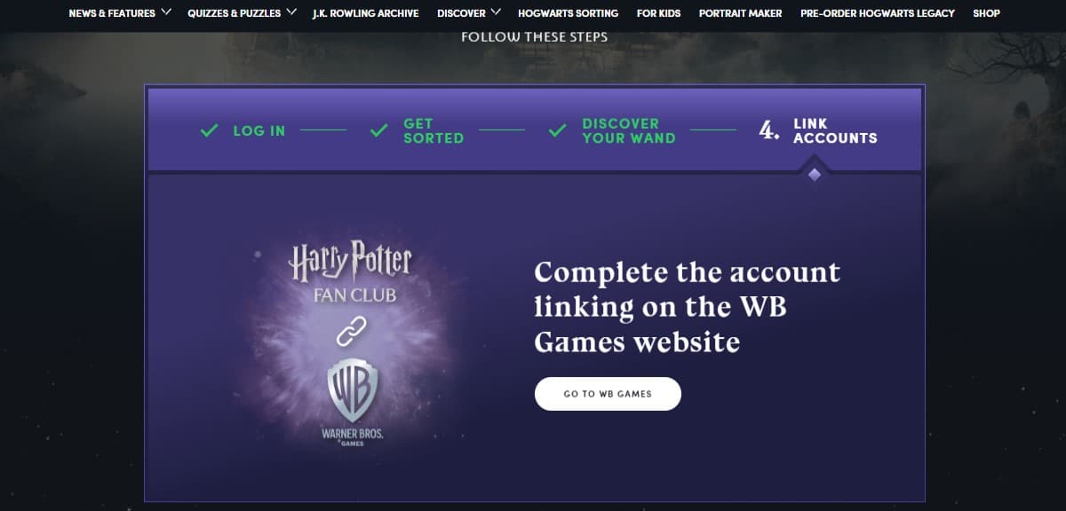 Link a WB account to Harry Potter Fan Club