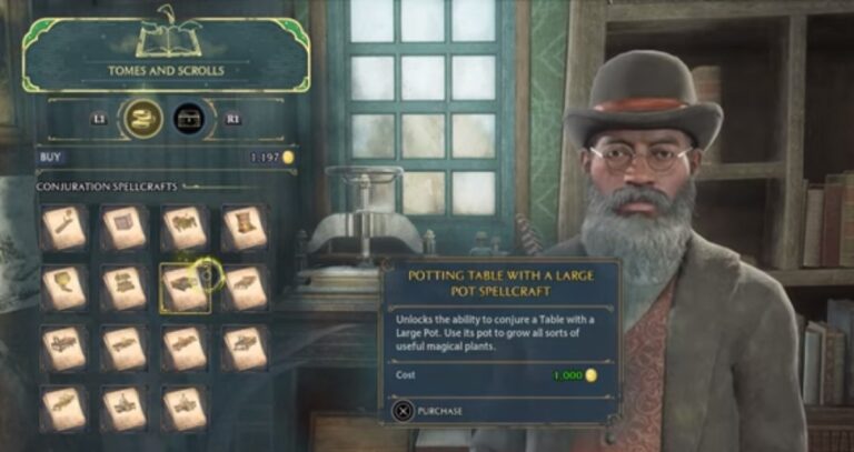 Purchasing a potting table in Hogwarts Legacy