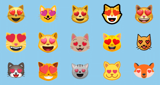 Illustration en image des différentes apparences de l’émoji chat qui sourit aux yeux en cœurs 