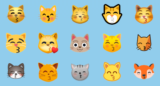 Bilddarstellung der unterschiedlichen Looks des küssenden Katzen-Emojis 