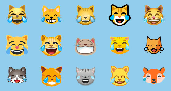 Illustration en image des différentes apparences de l'émoji chat qui pleure de rire