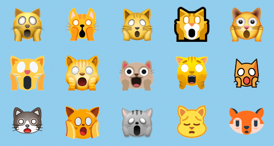 Picture illustration of the different looks of the scared screaming cat face emoji 