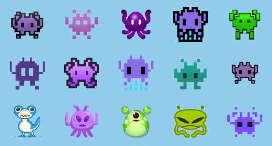 Ilustração da imagem das diferentes aparências do emoji de monstro alienígena