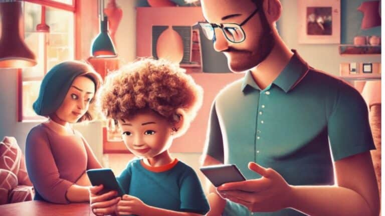 Иллюстрация семьи, каждый из которой пользуется смартфоном