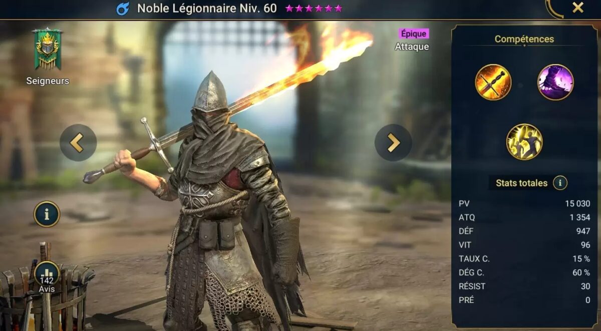 Guide maîtrises, grâce et artefact sur Noble Légionnaire (Lordly Legionary) sur RSL 
