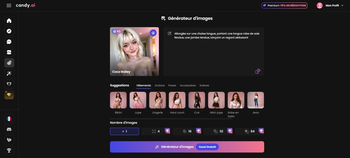 Candy AIで画像を生成するためのインターフェースと様々なオプションです。.