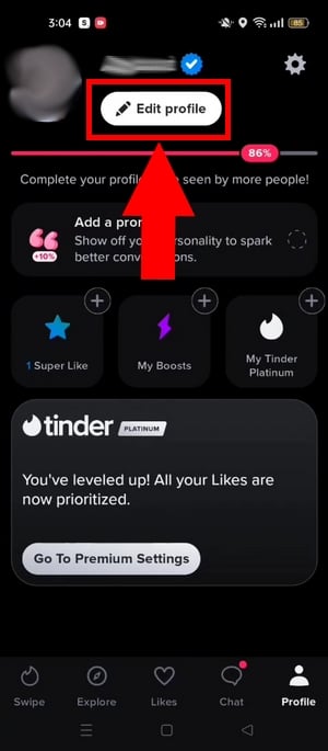 Изменить профиль в Tinder