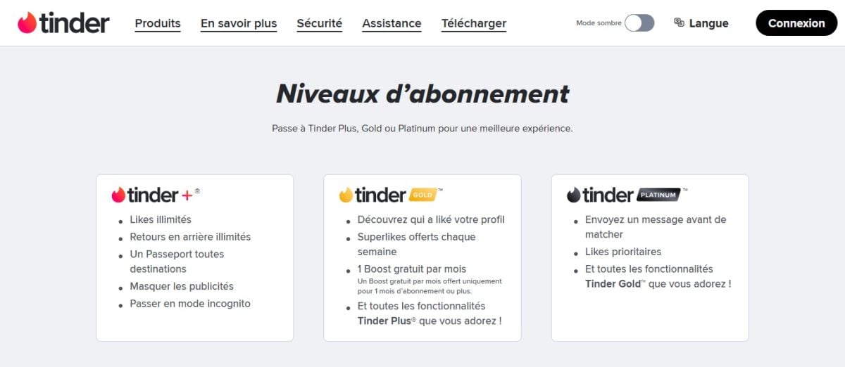 Три платных подписки Tinder, отображаемые в приложении