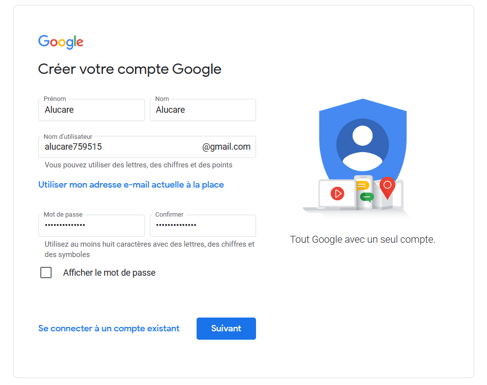 Google account information to complete