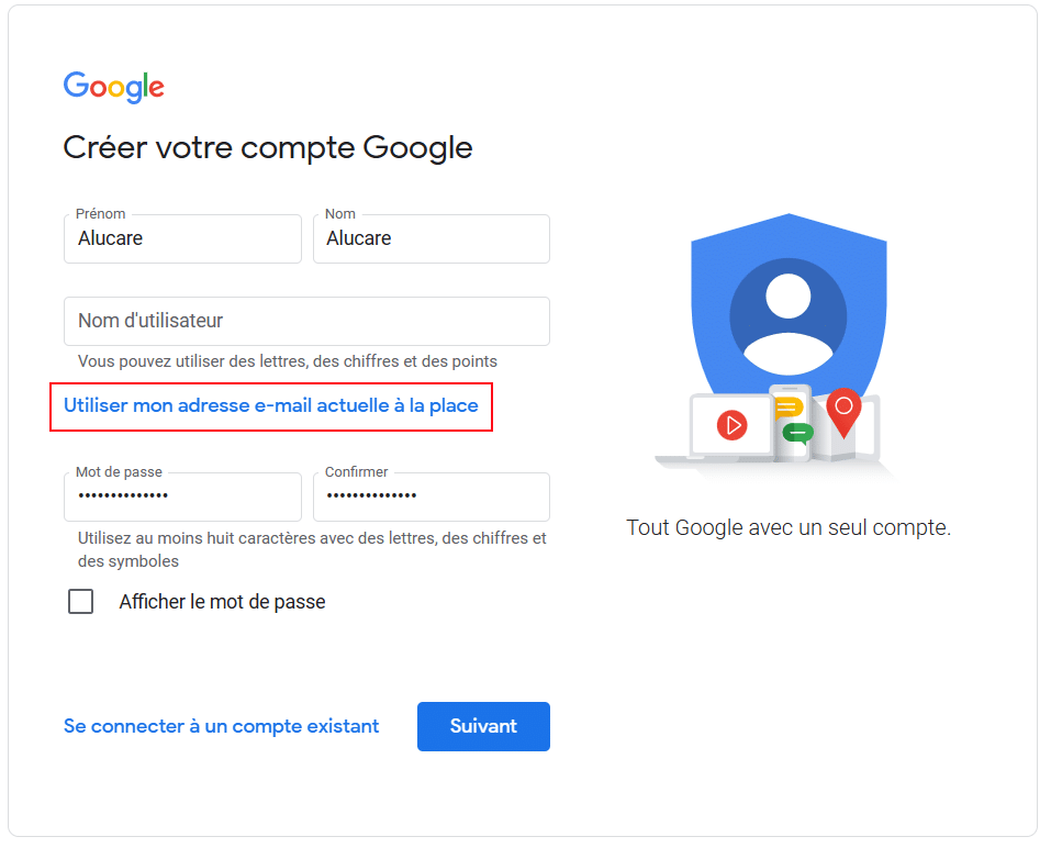 Creation of a Google account from an existing email