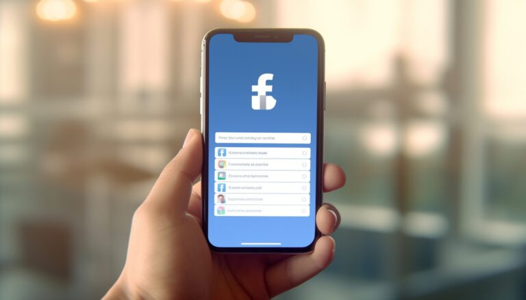 Phone in a hand with the facebook logo on the screen