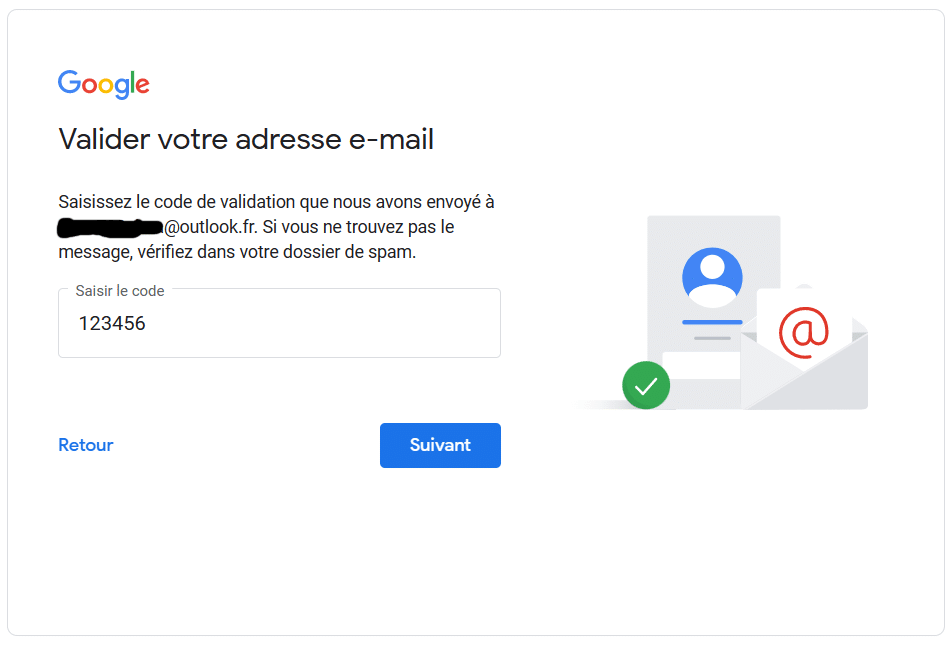 Valide o endereço de e-mail para a criação da conta do Google