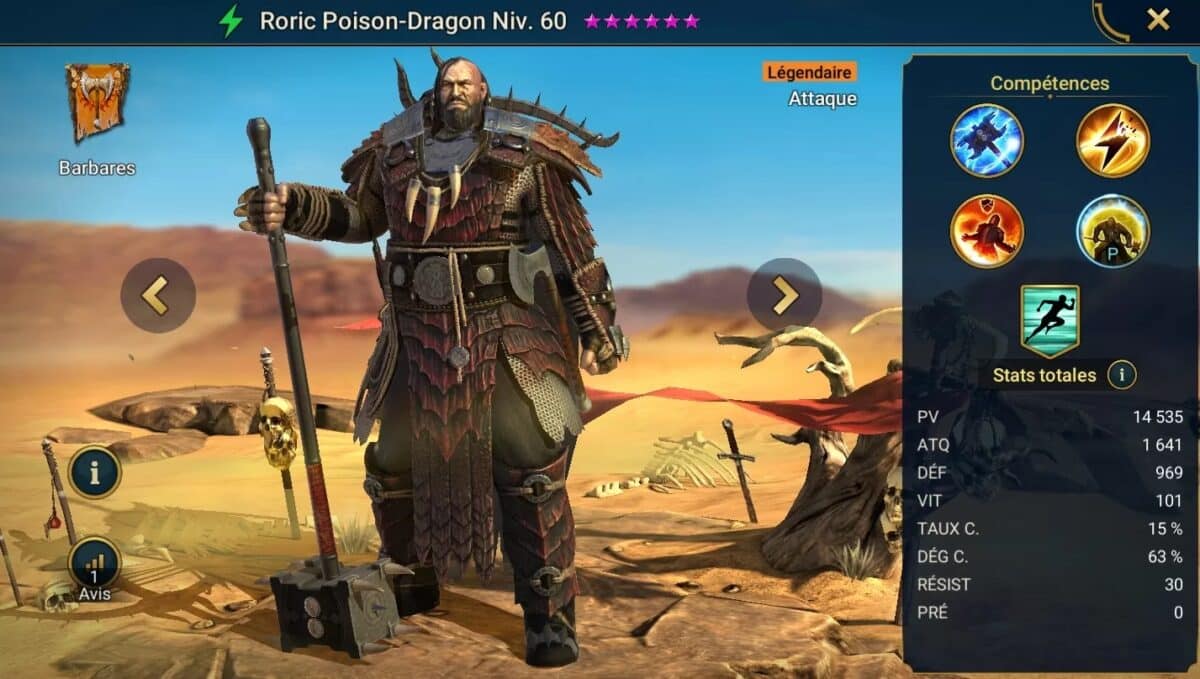 Guide maîtrises, grâce et artefact sur Roric Poison-Dragon (Roric Wyrmbane) sur RSL 