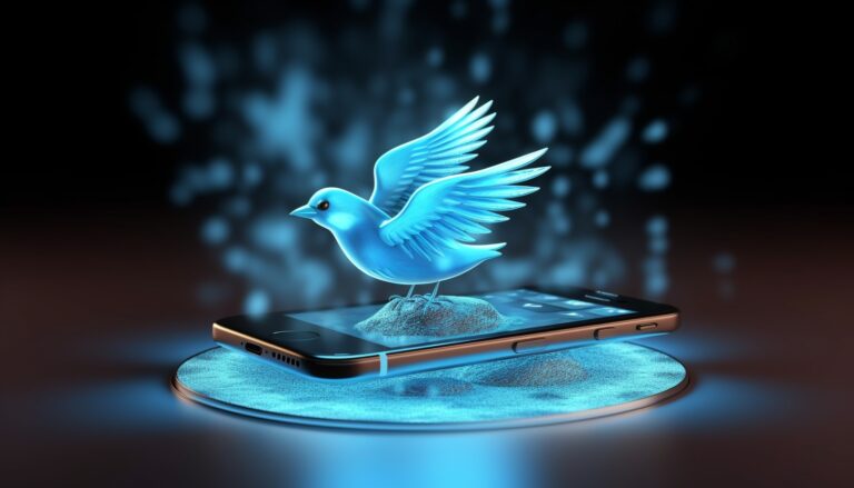 Phone in a hand with the Twitter logo on the screen