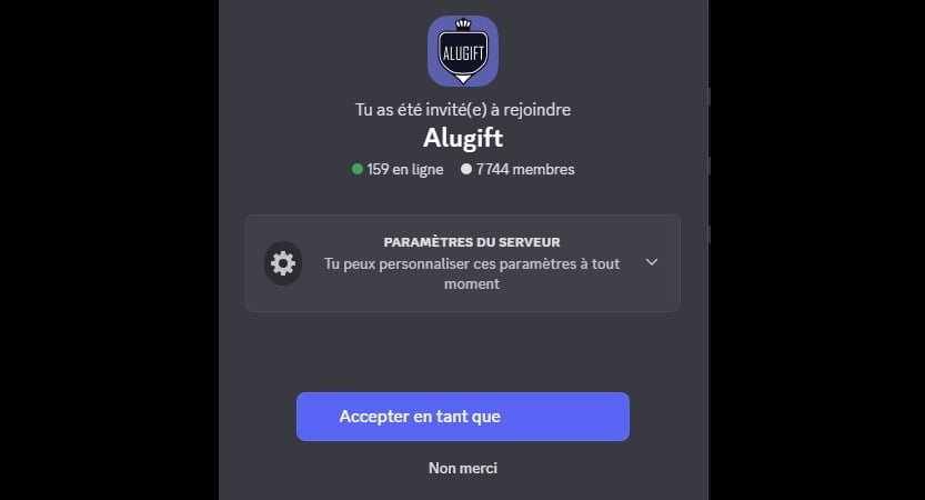 Aperçu de l'invitation à rejoindre le serveur Discord Alugift