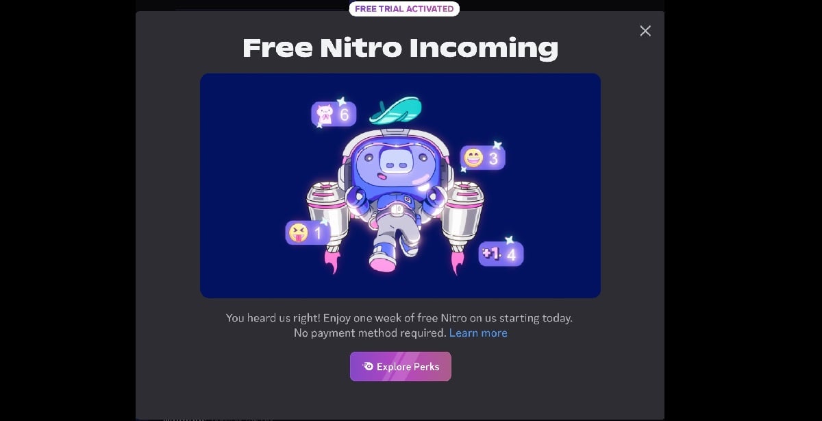 Screenshot de la publicité de l'essai de Nitro gratuit sur Discord