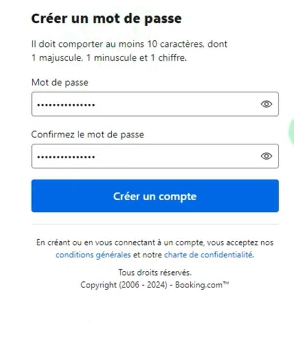 Campo para introduzir a palavra-passe durante o registo no Booking.com.