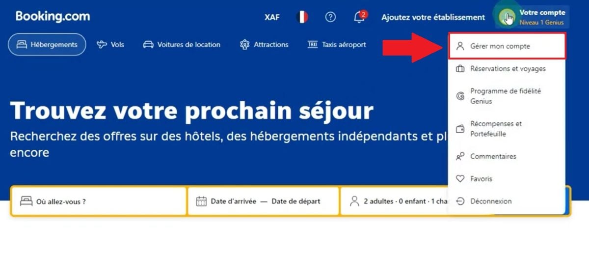 Botão «Gerir a minha conta» no menu da Booking.com.