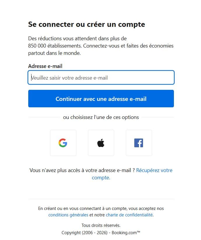 Janela de início de sessão do Booking.com com opções de e-mail, Google, Facebook e Apple. .