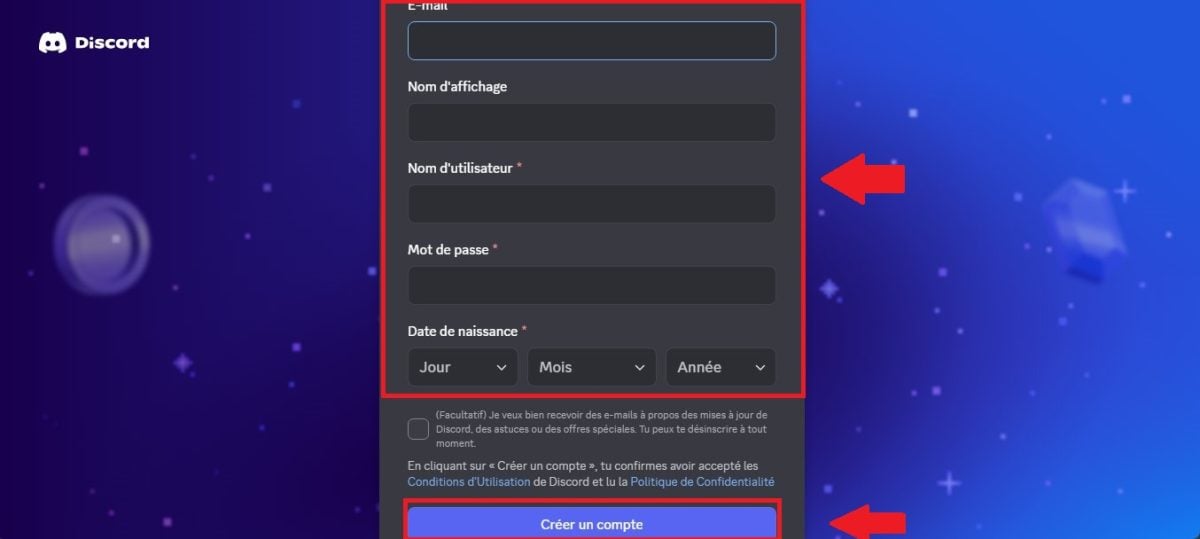 Capture d'écran des informations à fournir pour créer un compte Discord