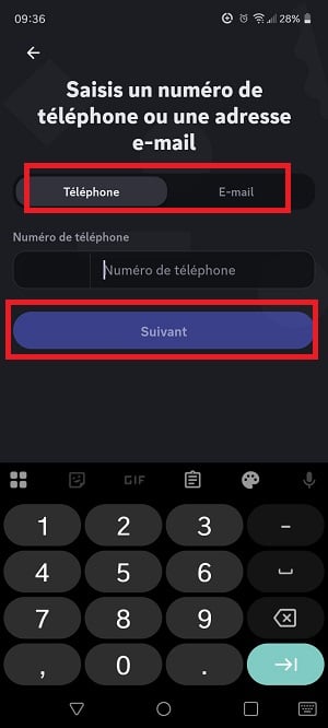 Screenshot des champs à remplir pour entrer le numéro de téléphone et l'adresse e-mail sur Discord