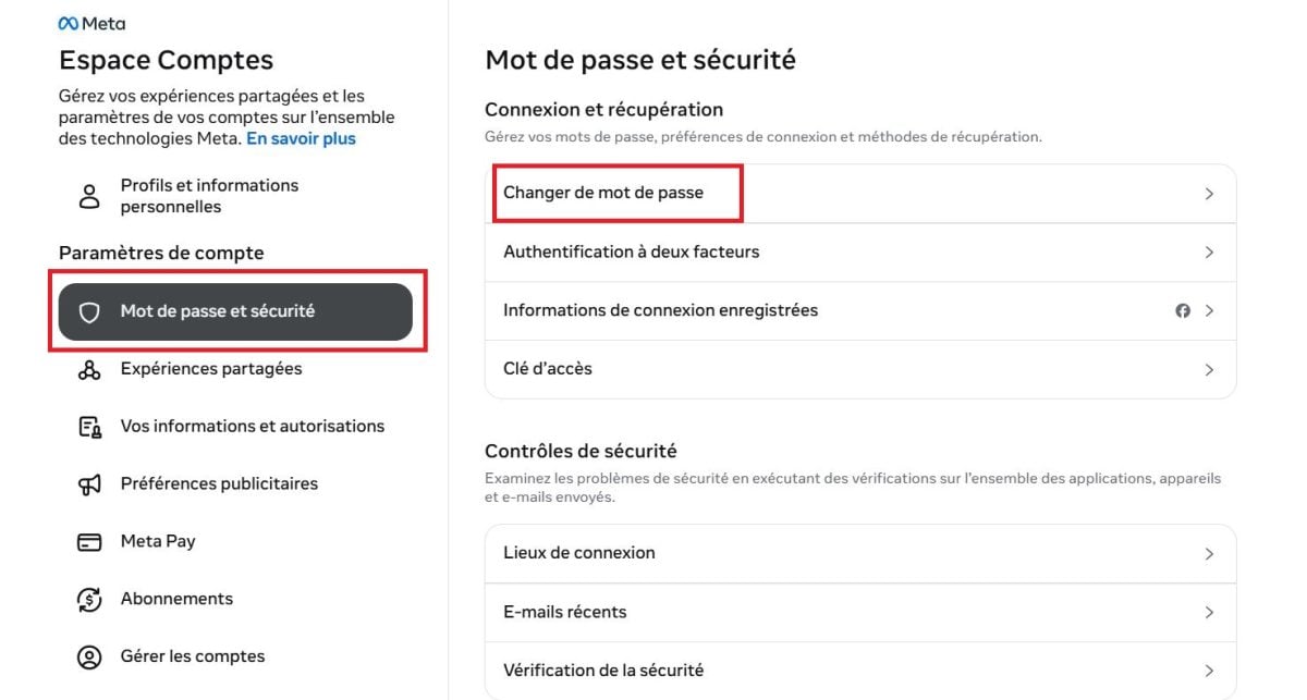 Metaの「アカウントページ」にある「パスワードの変更」オプション。.