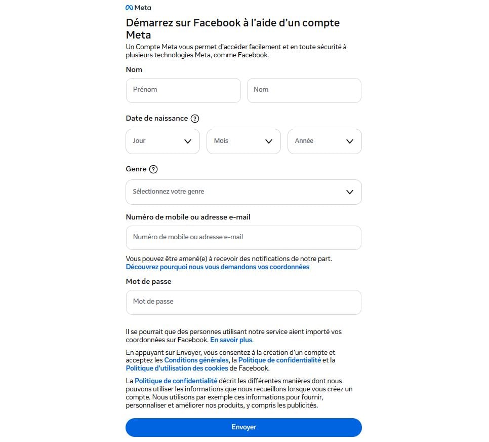 填写相关信息以注册Facebook账号。.