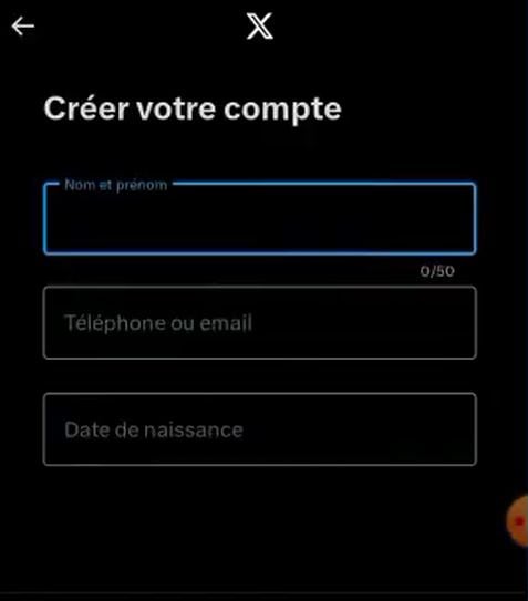 Formulario para introducir el nombre, el número de teléfono o la dirección de correo electrónico al crear una cuenta en X (Twitter).