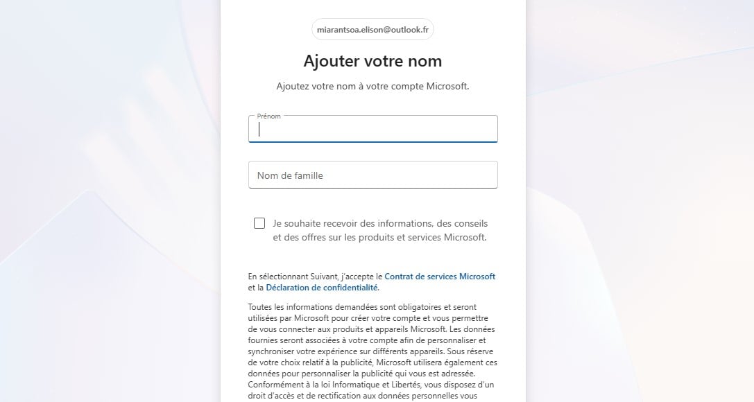 Ввод имени и фамилии для учетной записи Outlook