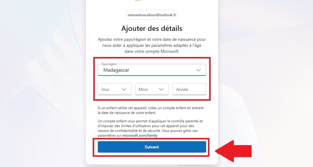 Ввод страны и даты рождения для учетной записи Outlook