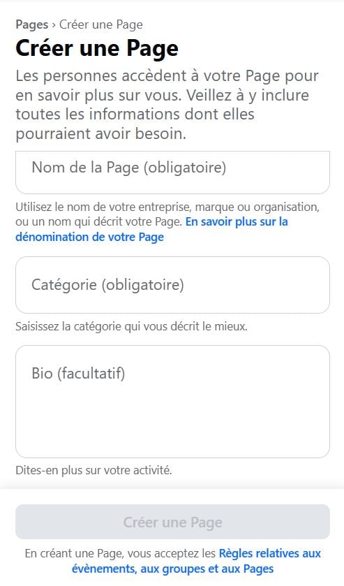 Formulaire nom, catégorie et biographie d'une page Facebook.
