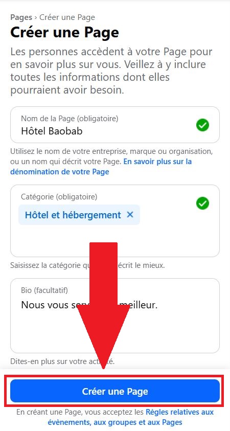 Bouton Créer une page sur Facebook.