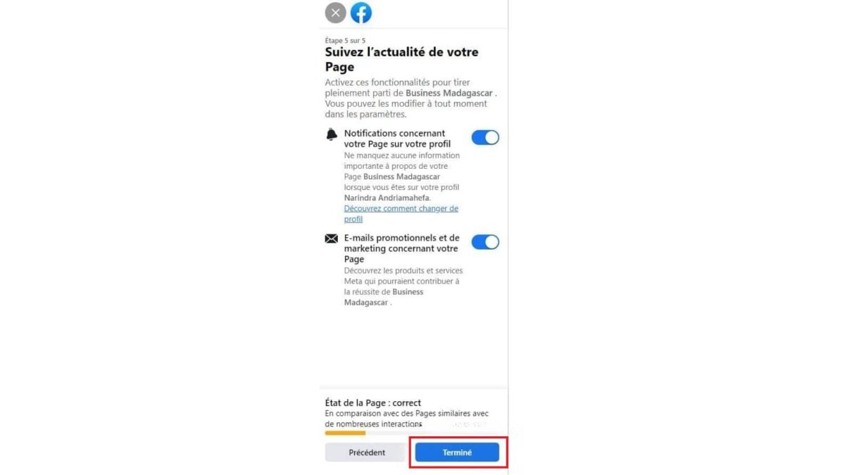 Bouton Terminé pour valider la création d'une page Facebook.