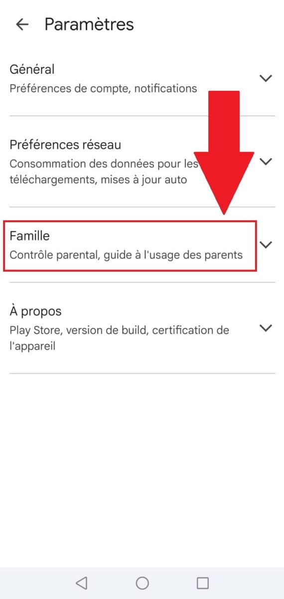 Le menu "Famille" sur Google Play Store.
