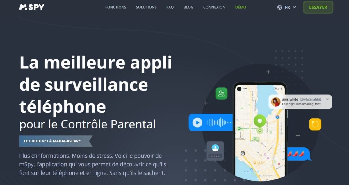 Interface du logiciel de contrôle parental mSpy.