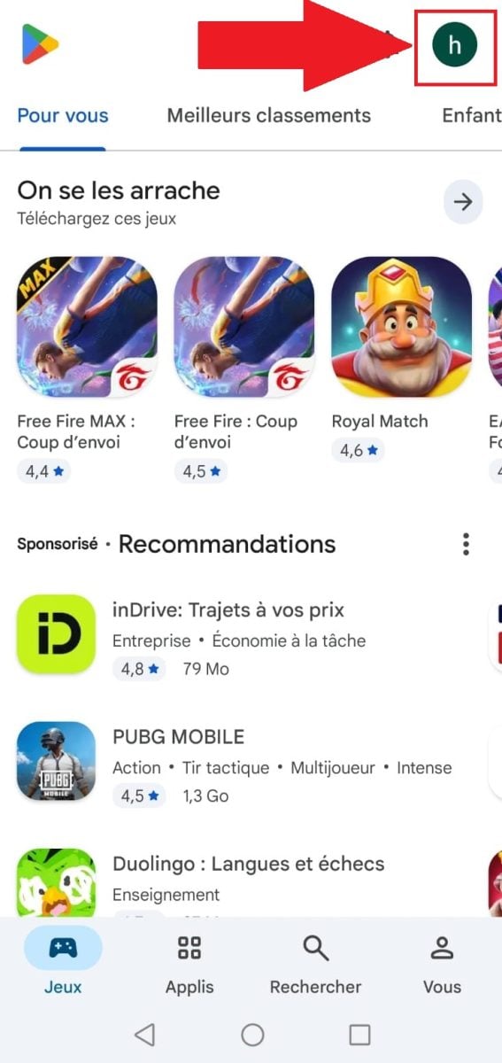 Icône de profil en haut à droite pour accéder au compte sur Play Store.
