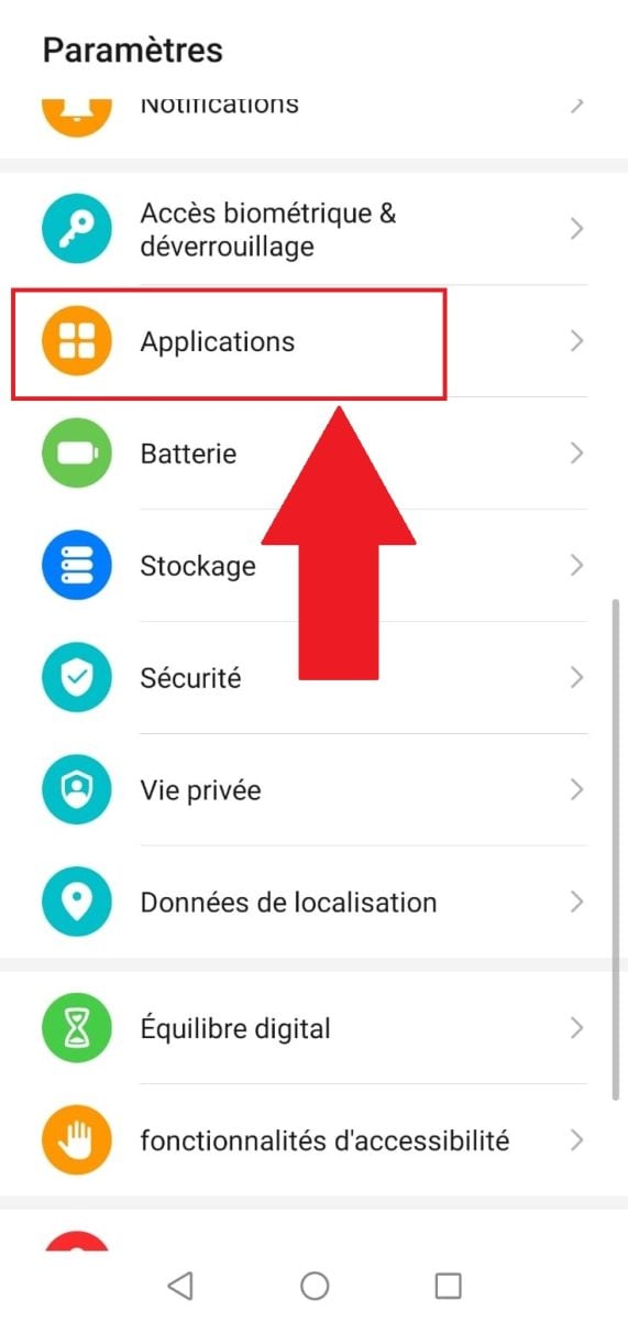 Le menu "Applications" dans les Paramètres d'un mobile Android.