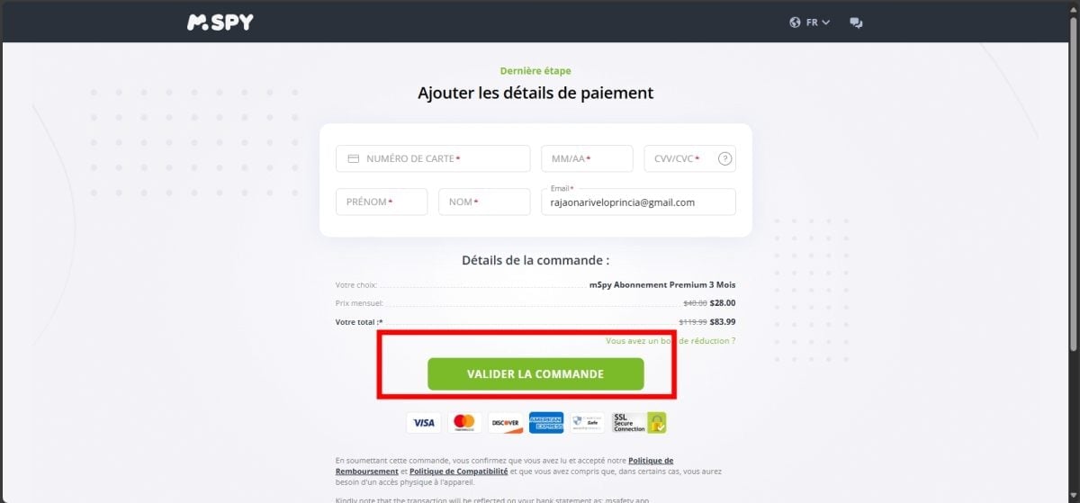 Conferma dell'ordine su Mspy