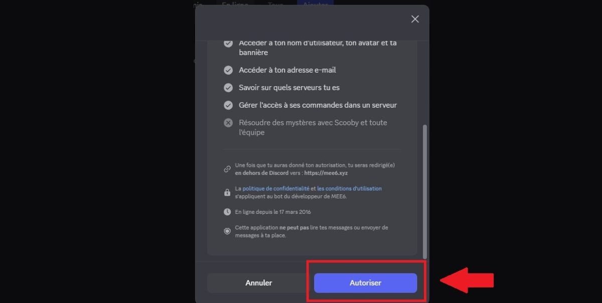 Capture d'écran du bouton pour autoriser l'usage de MEE6 sur Discord