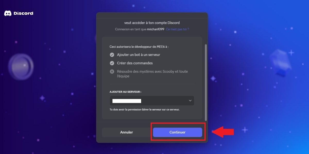 Confirmation de l'ajout du bot MEE6 sur un serveur Discord