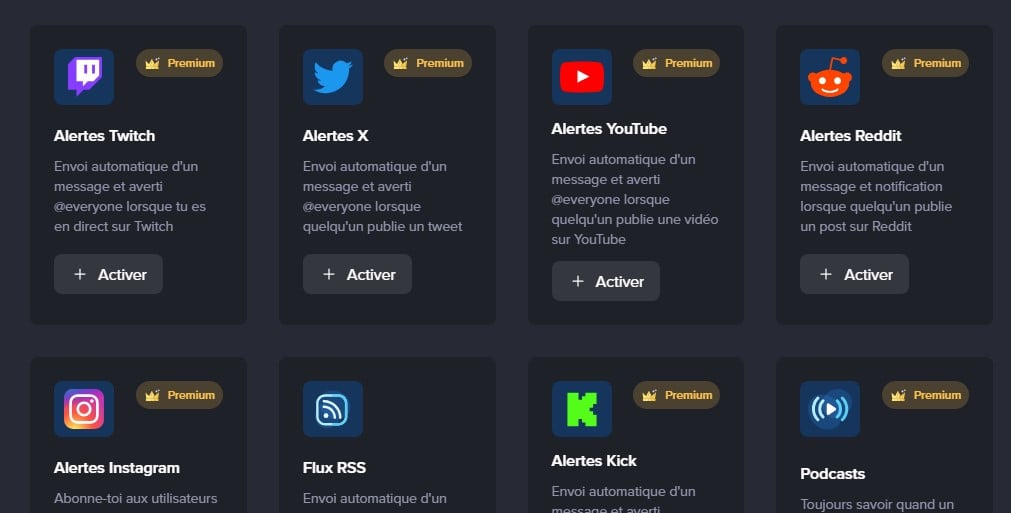 Exemples de réseaux sociaux et de plateformes pouvant être associés à MEE6