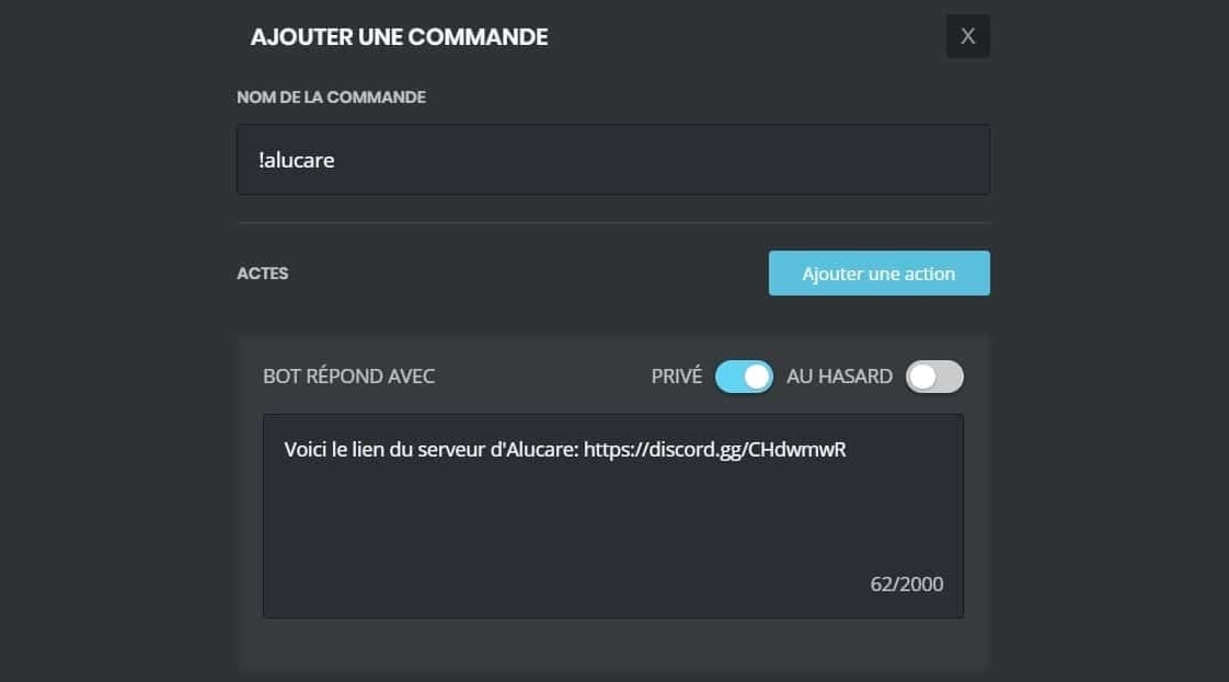 Exemple d'usage d'une commande personnalisée avec MEE6 sur Discord