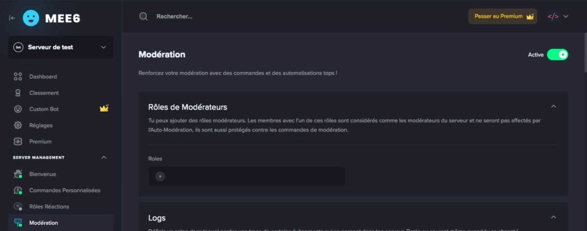 Screenshot du plugin de modération sur MEE6 de Discord
