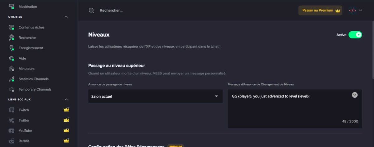 Screenshot du plugin de niveaux ou leveling sur MEE6 de Discord