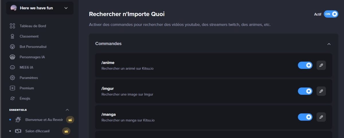 Screenshot du plugin de recherche sur MEE6 de Discord