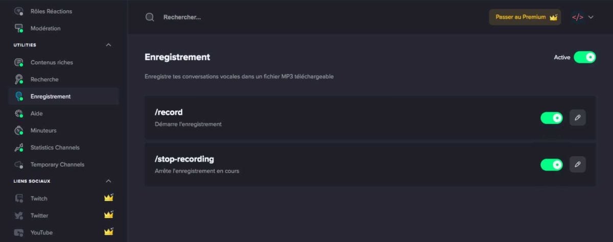 Screenshot du plugin d'enregistrement sur MEE6 de Discord