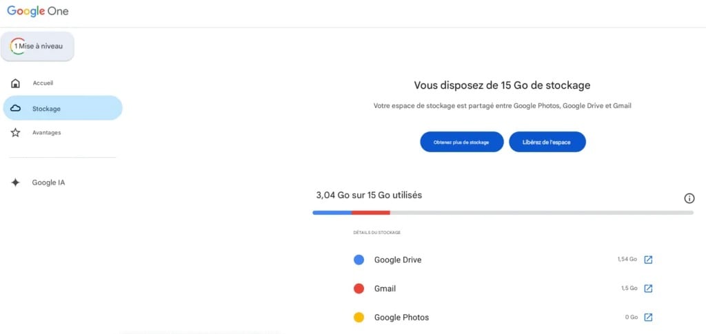 Menu Google One Storage yang menunjukkan pengukur alokasi ruang untuk Drive, Gmail, dan Foto Google.